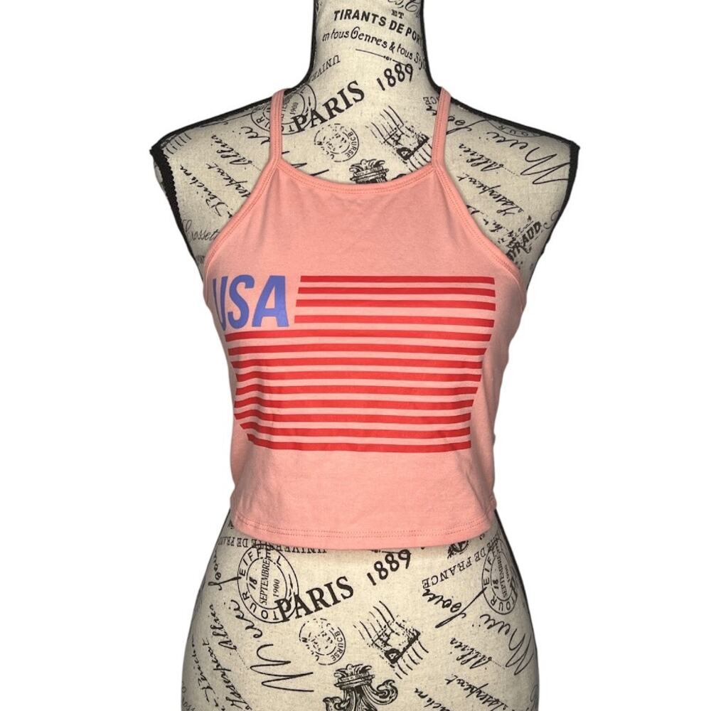 Isaac Morris (XS) USA Flag Graphic Crop Top Halter Neck Tie Sleeveless Tank